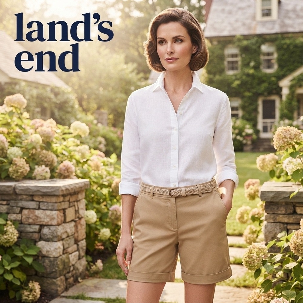 Lands' End Womens Fit 2 Khaki Chino Shorts Tan Cotton Cuffed Bermuda Size 4